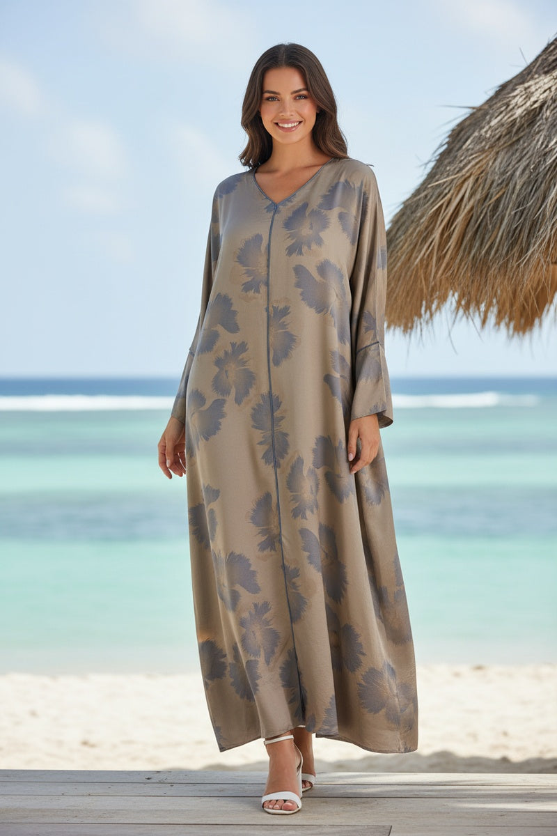 Robe longue fluide imprimée fleurie effet paillette