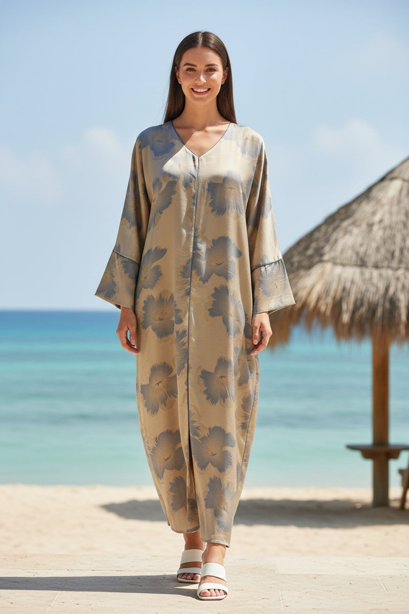 Robe longue fluide imprimée fleurie effet paillette