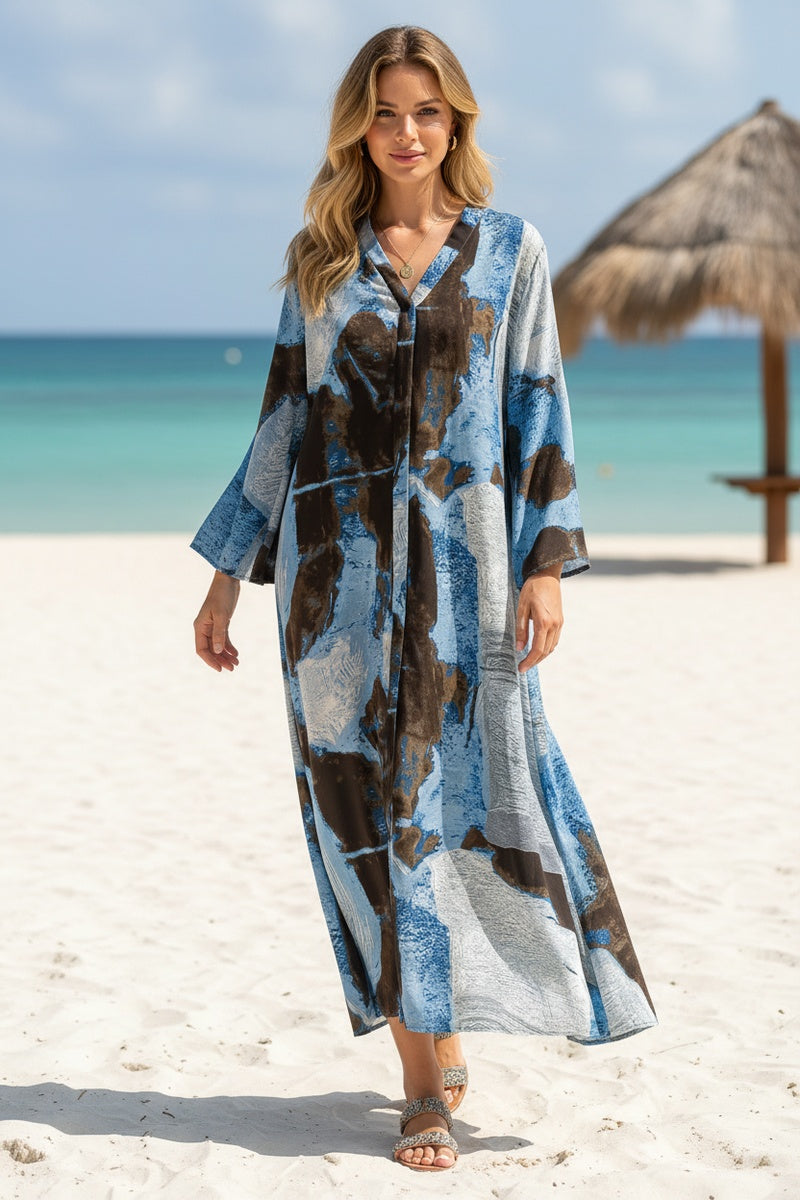 Robe longue imprimée abstraite satinée avec ceinture