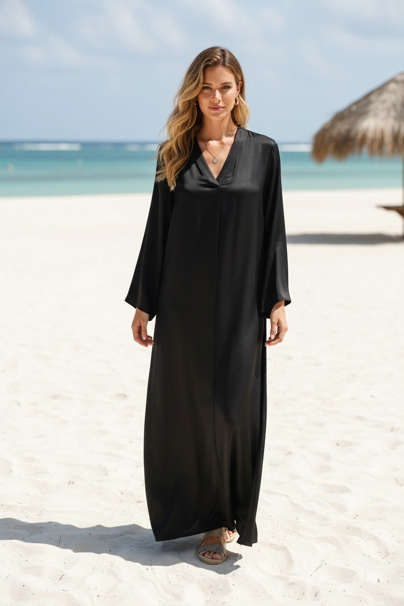 Robe longue unie satinée avec ceinture