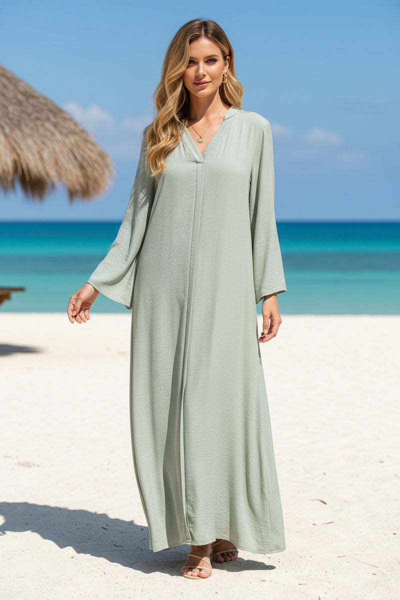 Robe longue unie satinée avec ceinture