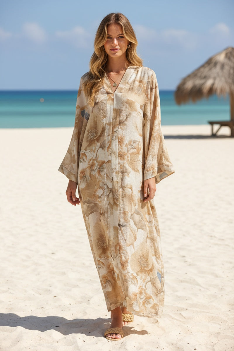 Robe longue imprimée fleurie manche papillon
