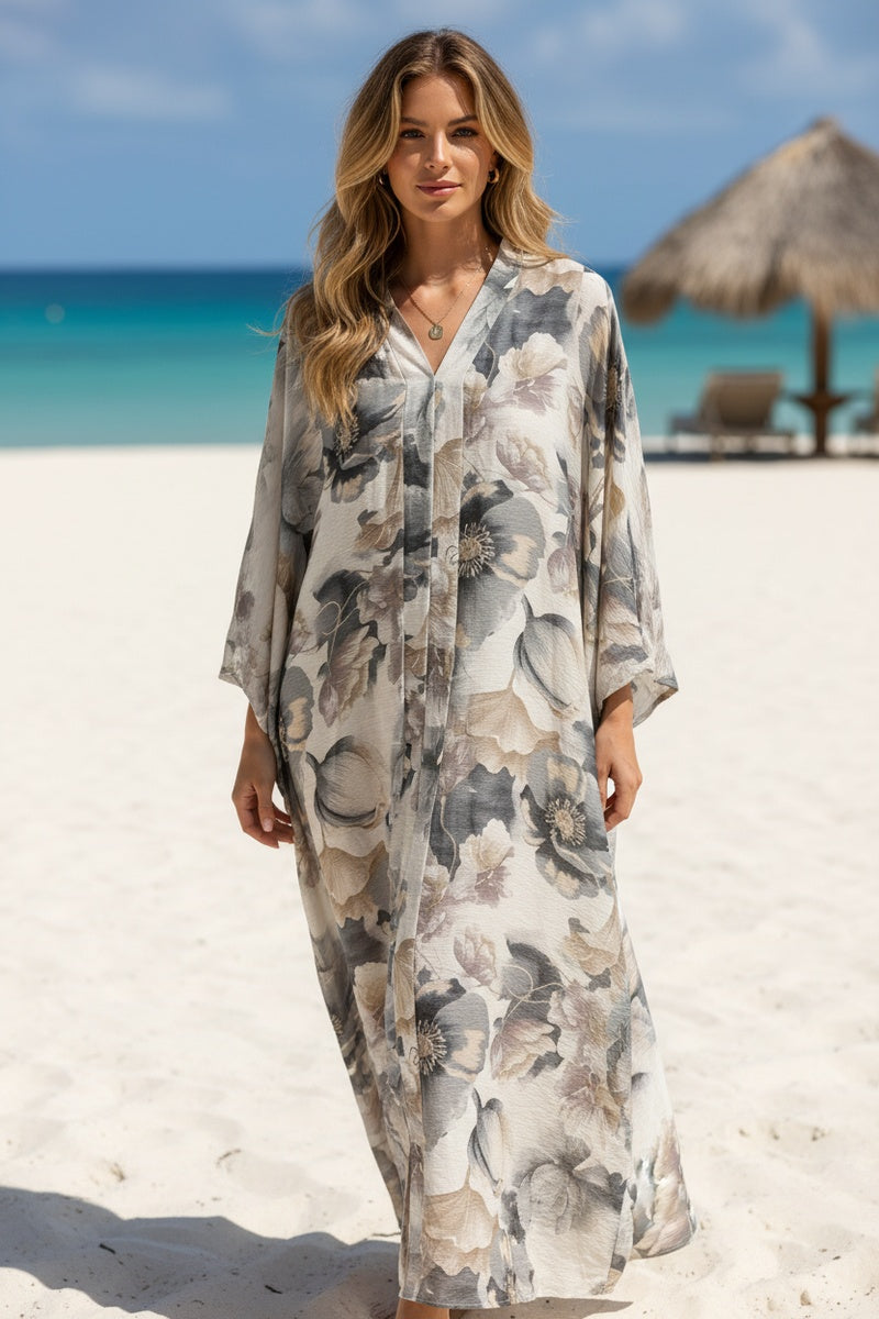 Robe longue imprimée fleurie manche papillon