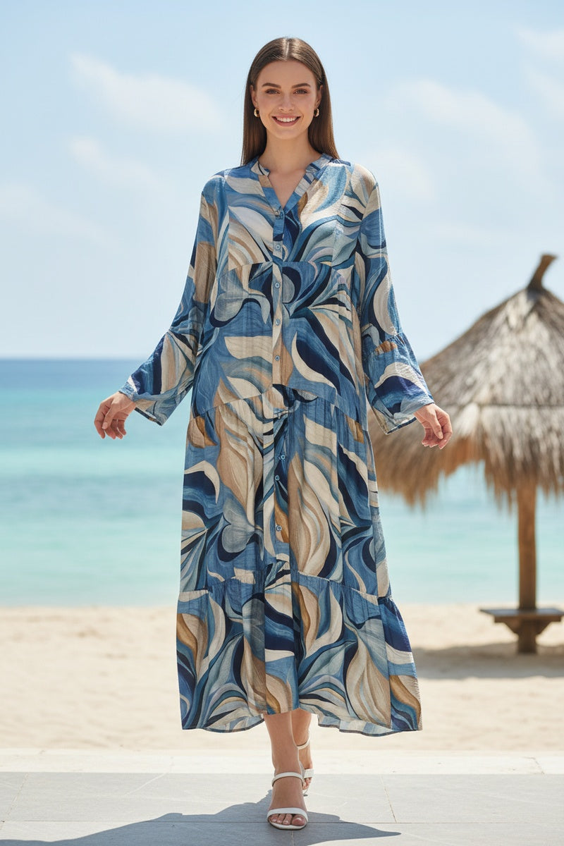 Robe longue imprimée bohème boutonnée