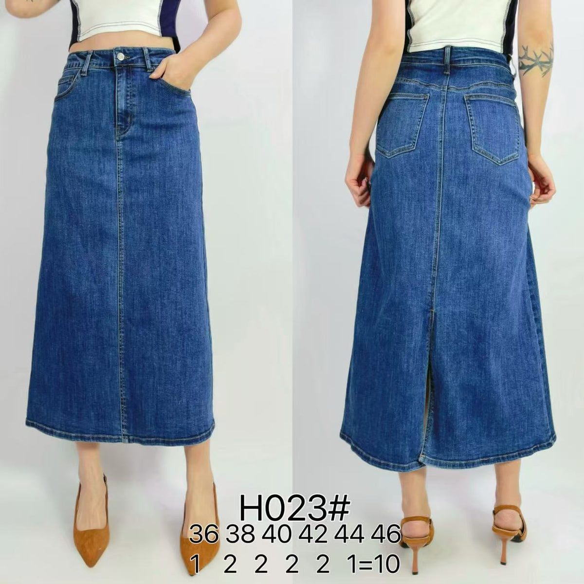 Jupe en jeans stretch 83cm avec fente arrière