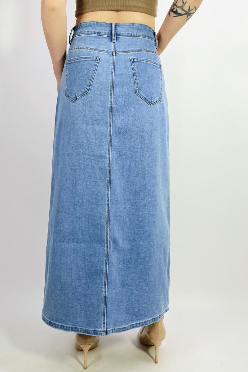 Jupe en jeans stretch 88cm avec fente avant de 45cm T38-T46