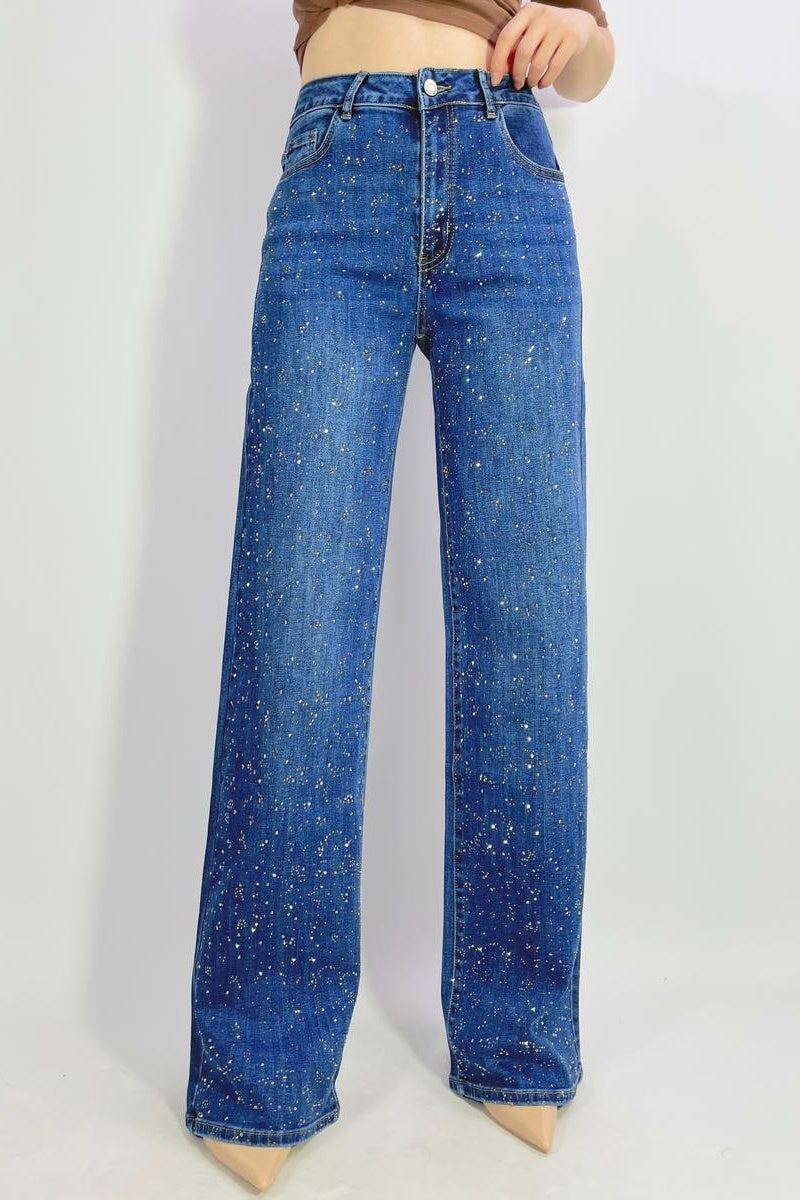 Jean premium stretch wide leg avec strass T38-T48