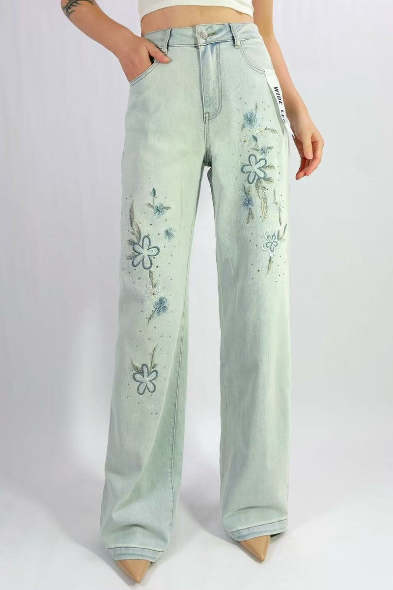 Jean premium wide leg broderie et strass T36-T46