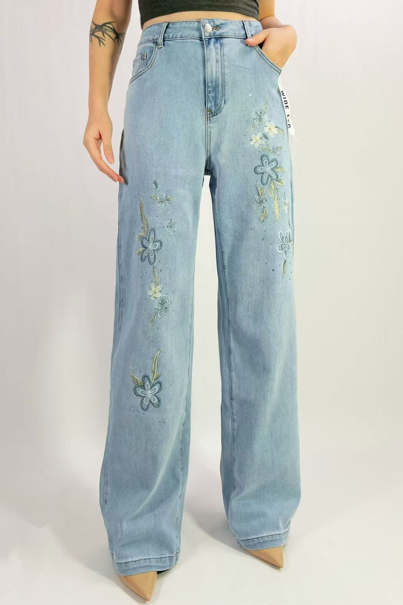 Jean premium wide leg broderie et strass T36-T46