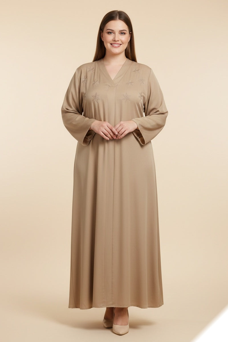 Robe longue abaya unie satinée à broderie fleurie avec ceinture