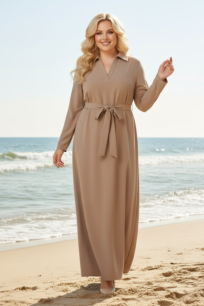 Robe longue unie avec poches tissus premium avec ceinture
