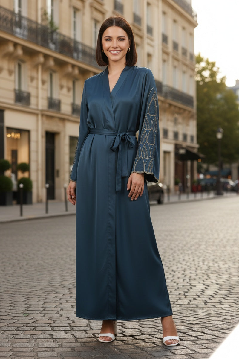 Kimono gilet uni long à broderie spéciale avec ceinture tissu comme soie