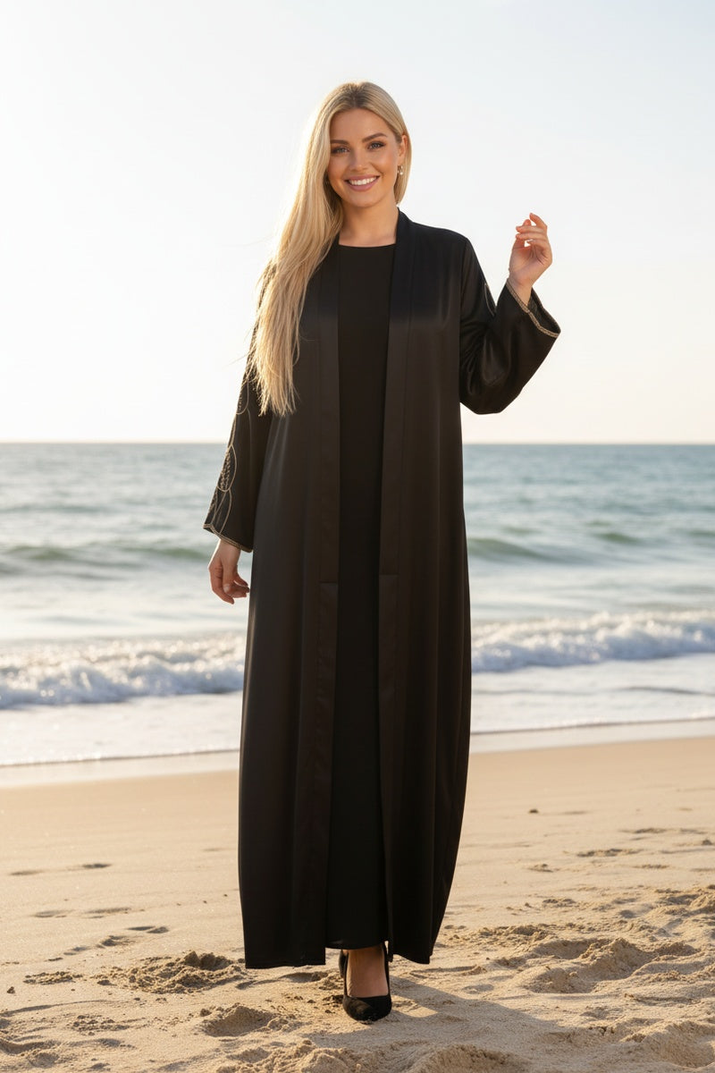 Kimono gilet uni long à broderie spéciale avec ceinture tissu comme soie