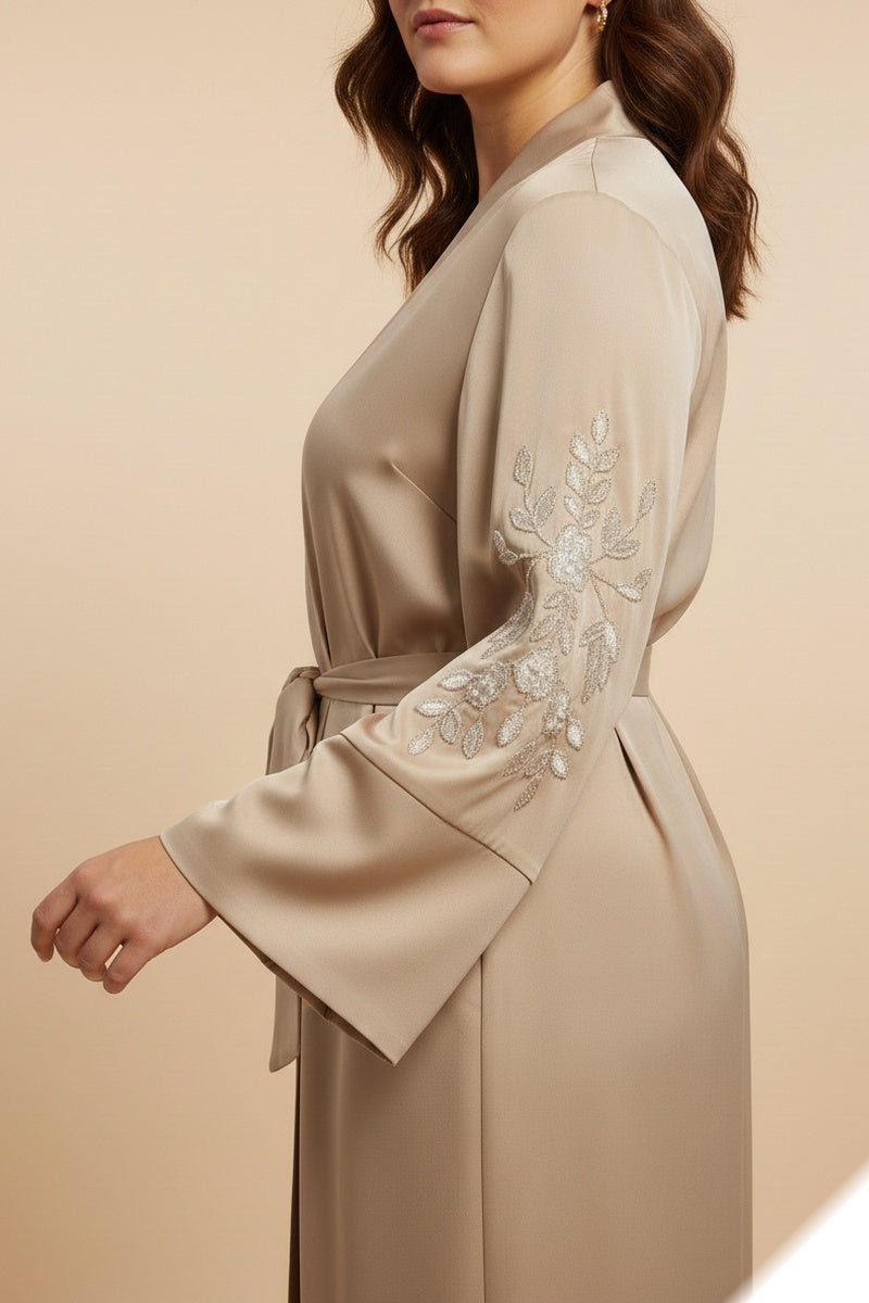 Gilet uni long à broderie fleurie avec poches tissu comme soie