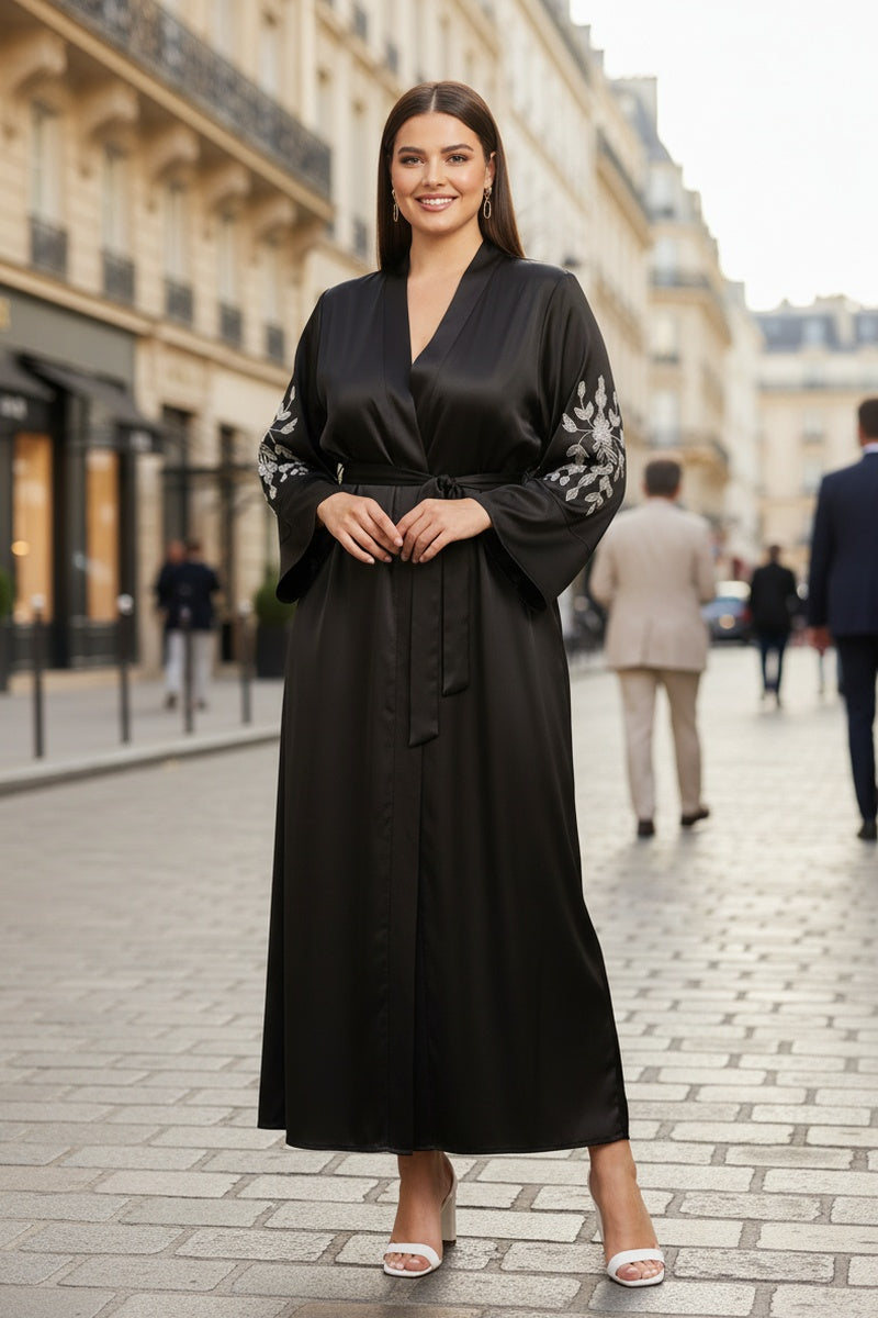 Gilet uni long à broderie fleurie avec poches tissu comme soie