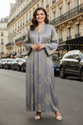 Kimono abaya uni long à broderie fleurie avec poches tissu comme soie