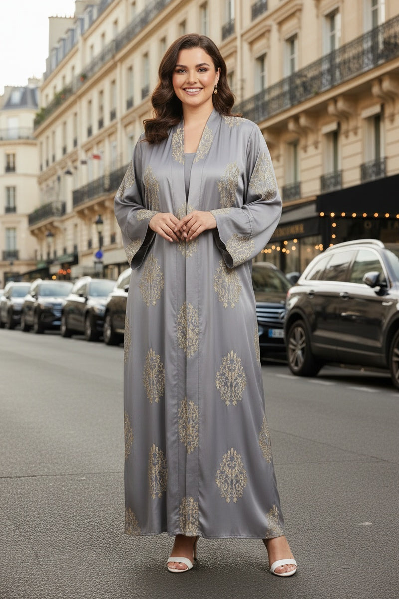 Kimono abaya uni long à broderie fleurie avec poches tissu comme soie