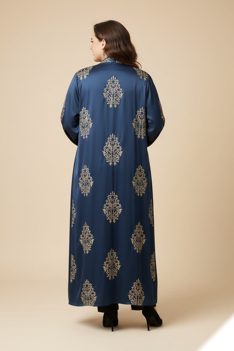 Kimono abaya uni long à broderie fleurie avec poches tissu comme soie