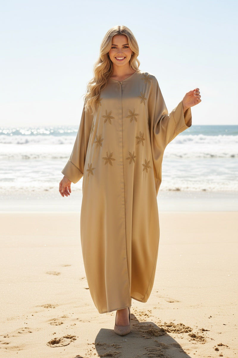 Abaya longue unie avec magnifique fleurs à perles