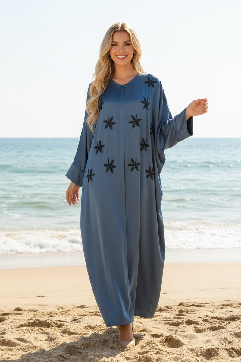 Abaya longue unie avec magnifique fleurs à perles