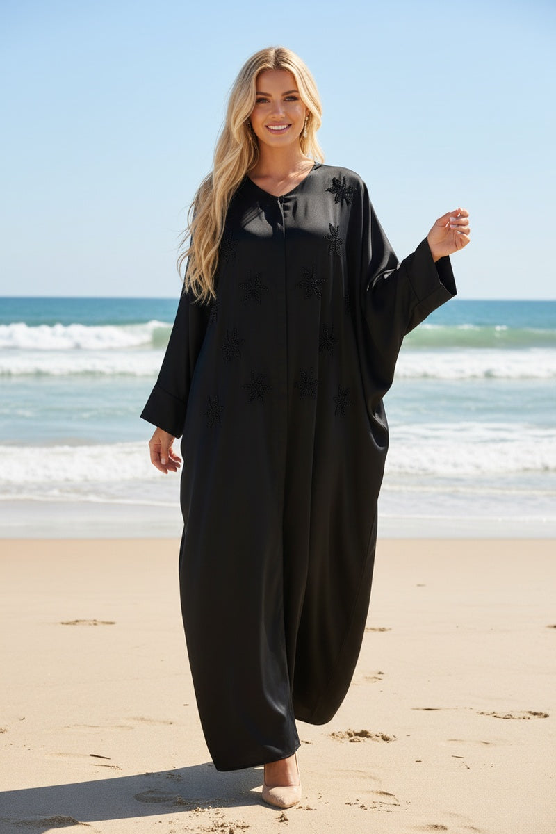 Abaya longue unie avec magnifique fleurs à perles