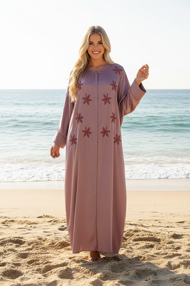 Abaya longue unie avec magnifique fleurs à perles