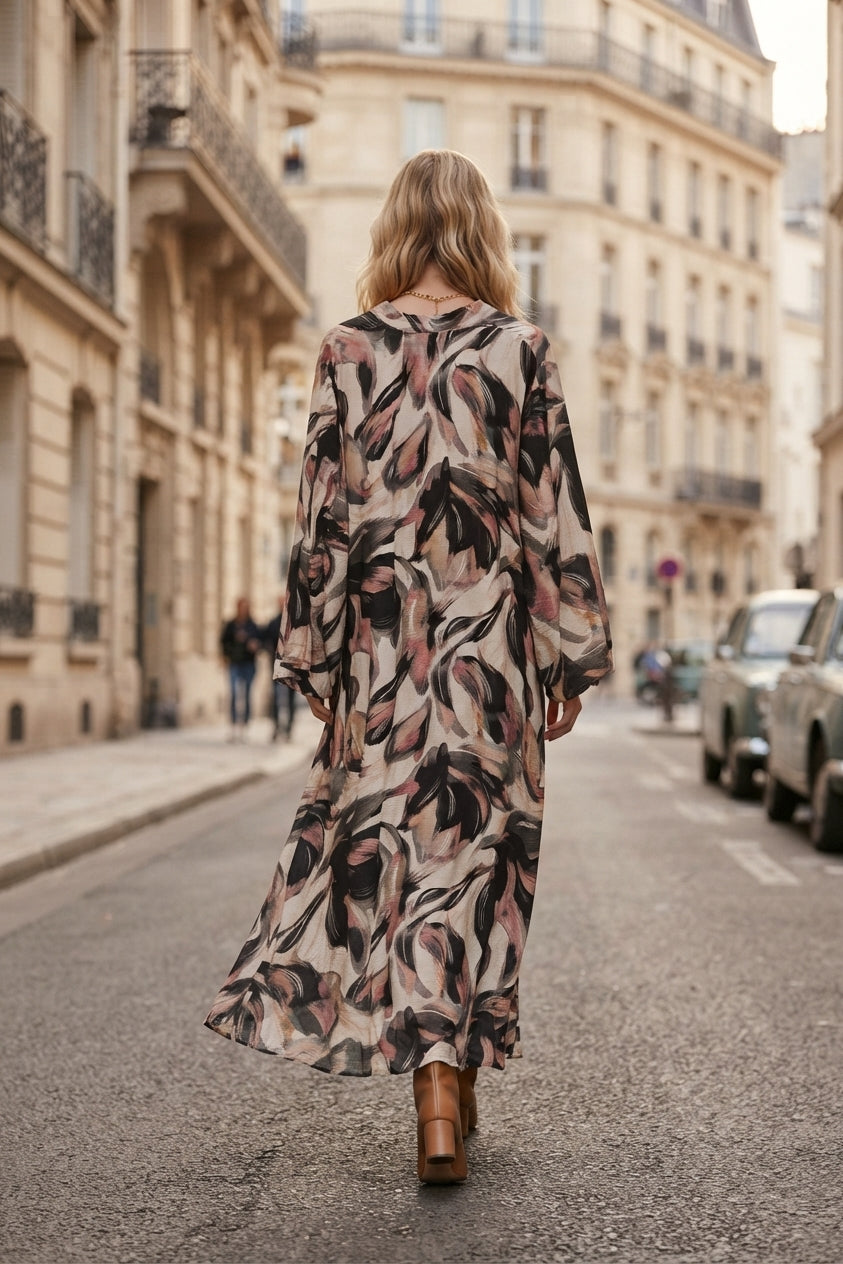 Robe longue imprimée fleurie avec ceinture