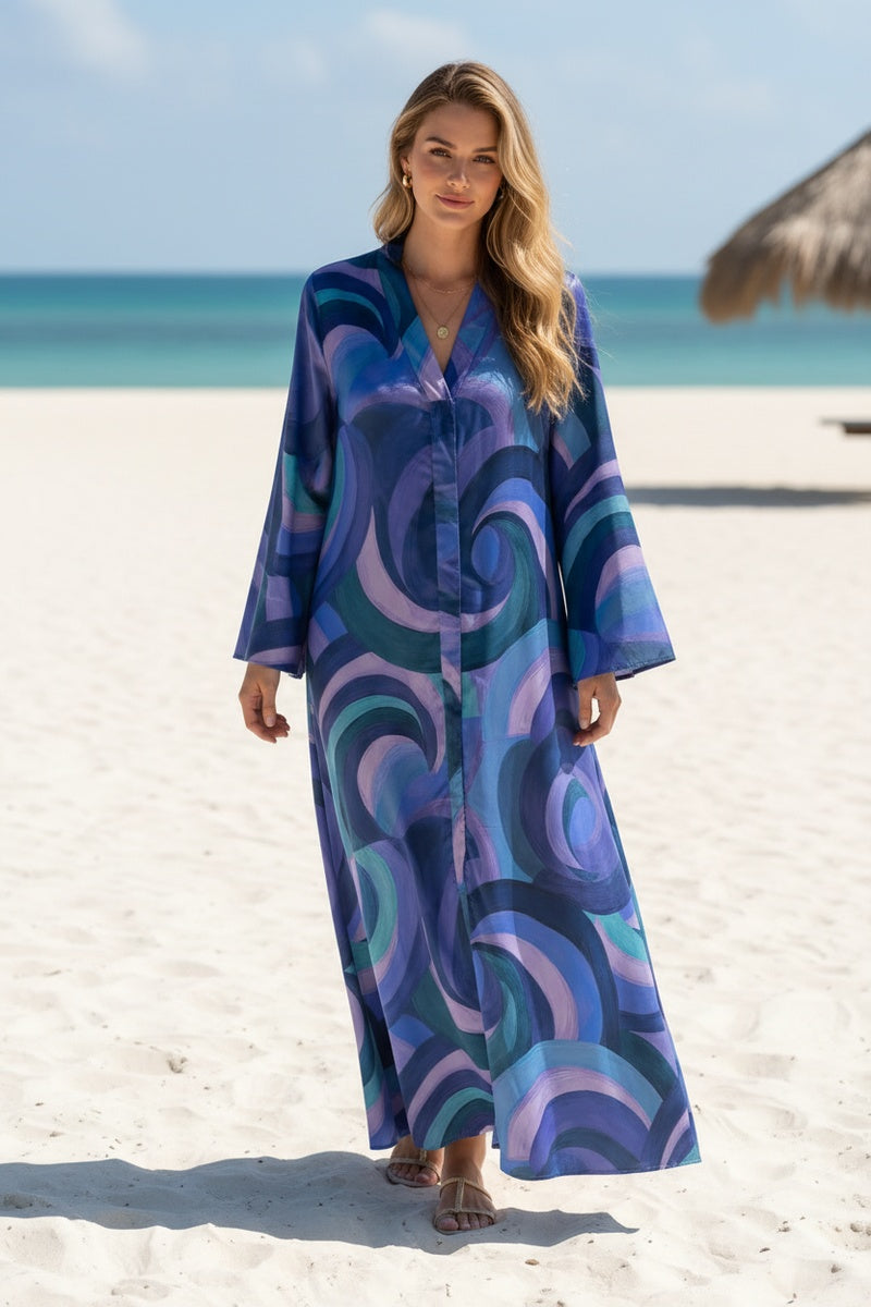 Robe longue imprimée géométrique avec ceinture