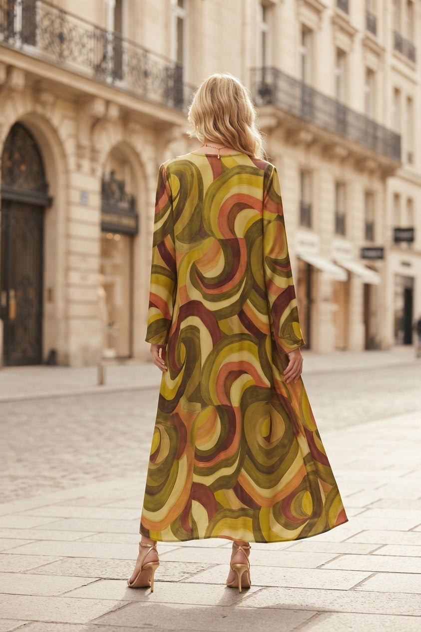 Robe longue imprimée géométrique avec ceinture