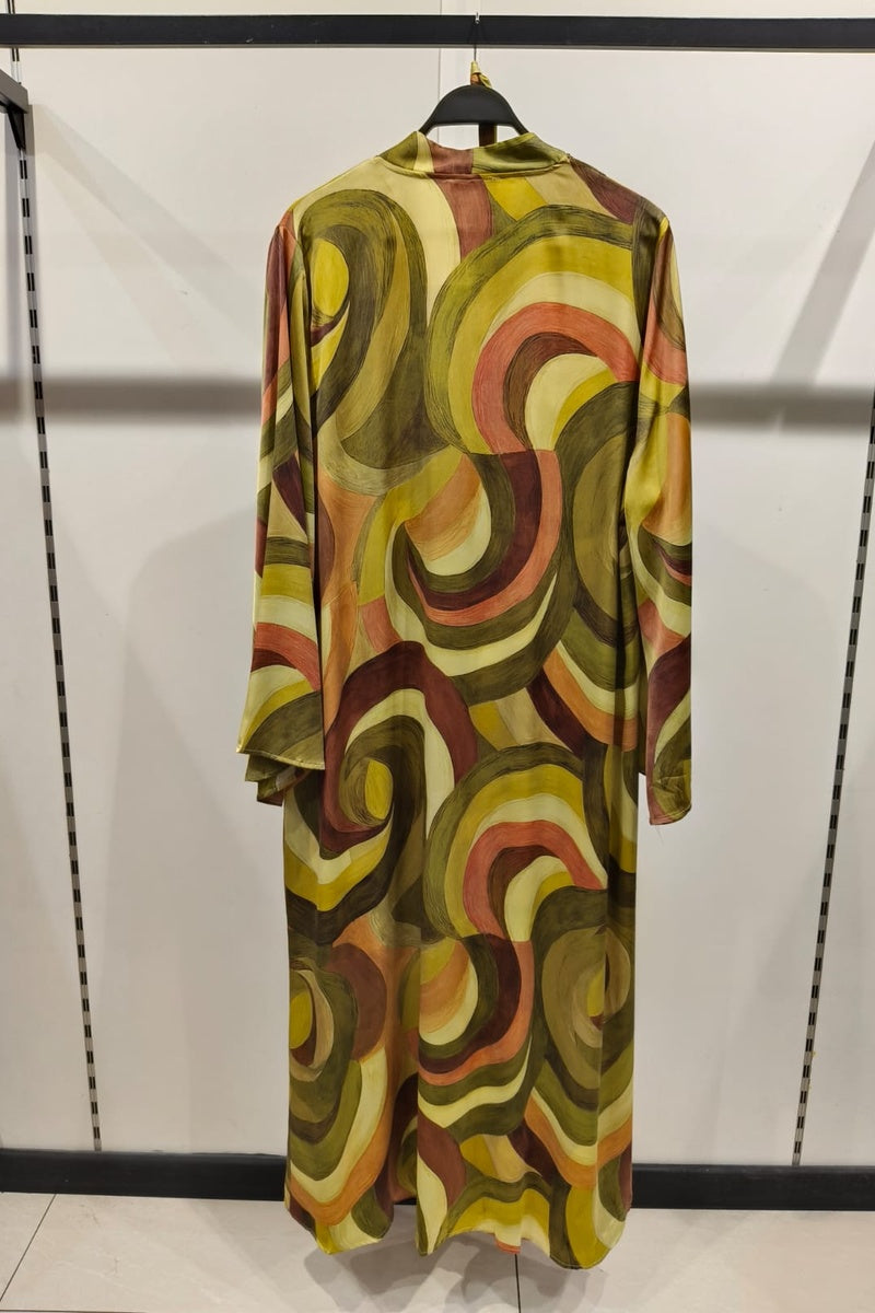 Robe longue imprimée géométrique avec ceinture