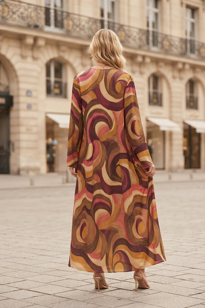 Robe longue imprimée géométrique avec ceinture