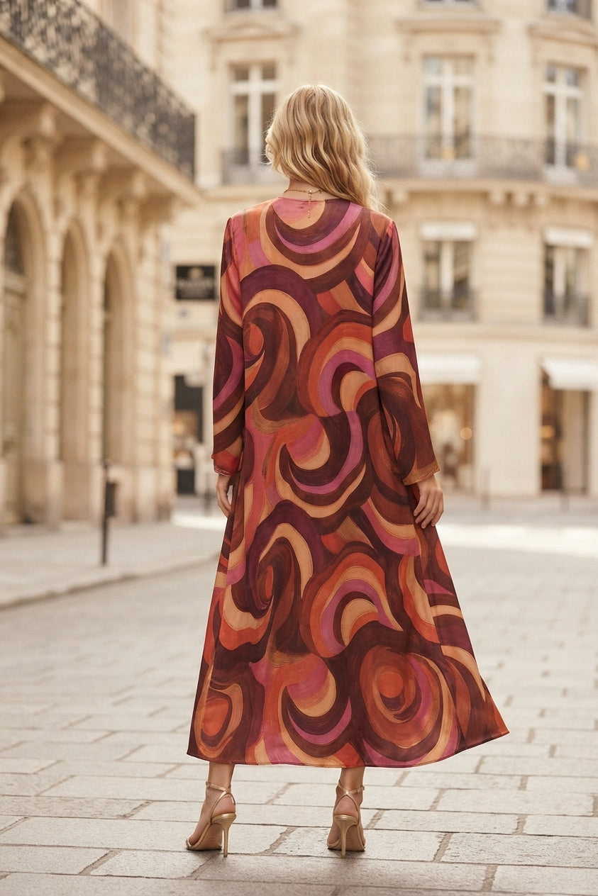 Robe longue imprimée géométrique avec ceinture