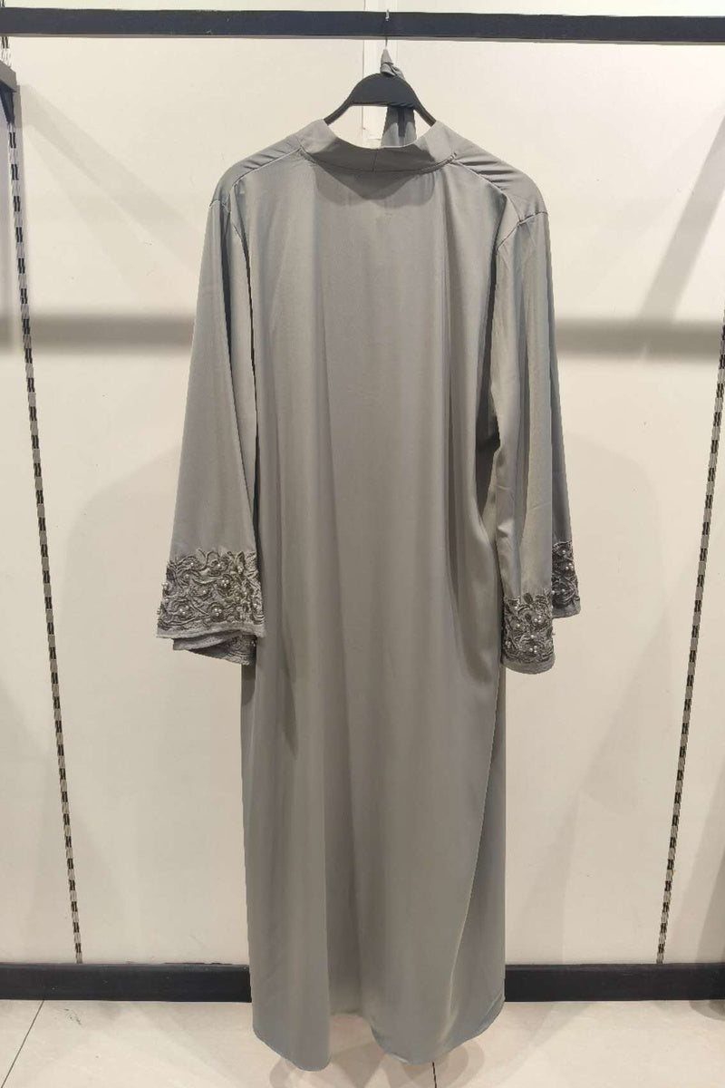Abaya longue unie avec broderie fleurie perlée