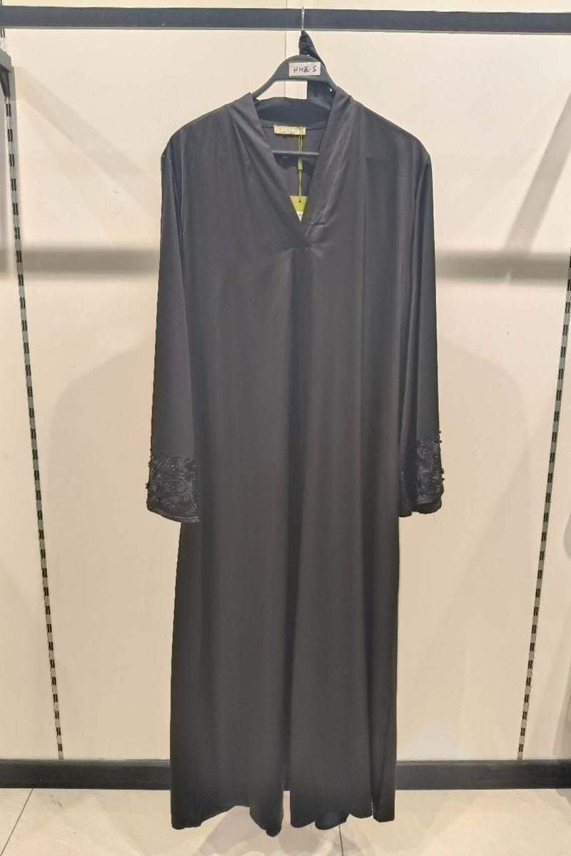 Abaya longue unie avec broderie fleurie perlée