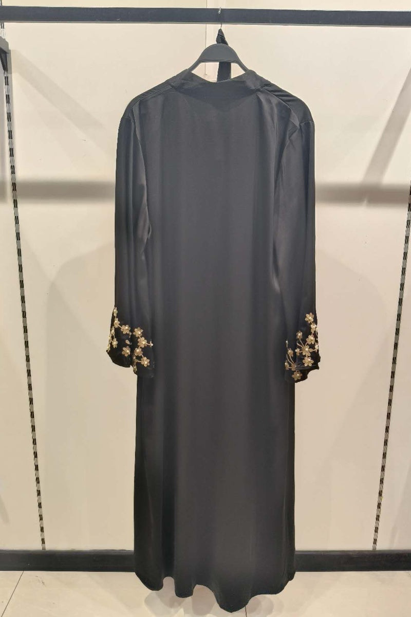 Abaya longue unie avec broderie fleurie perlée