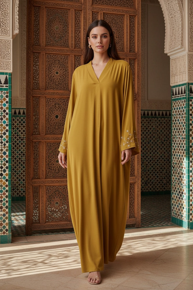 Abaya longue unie avec broderie fleurie perlée