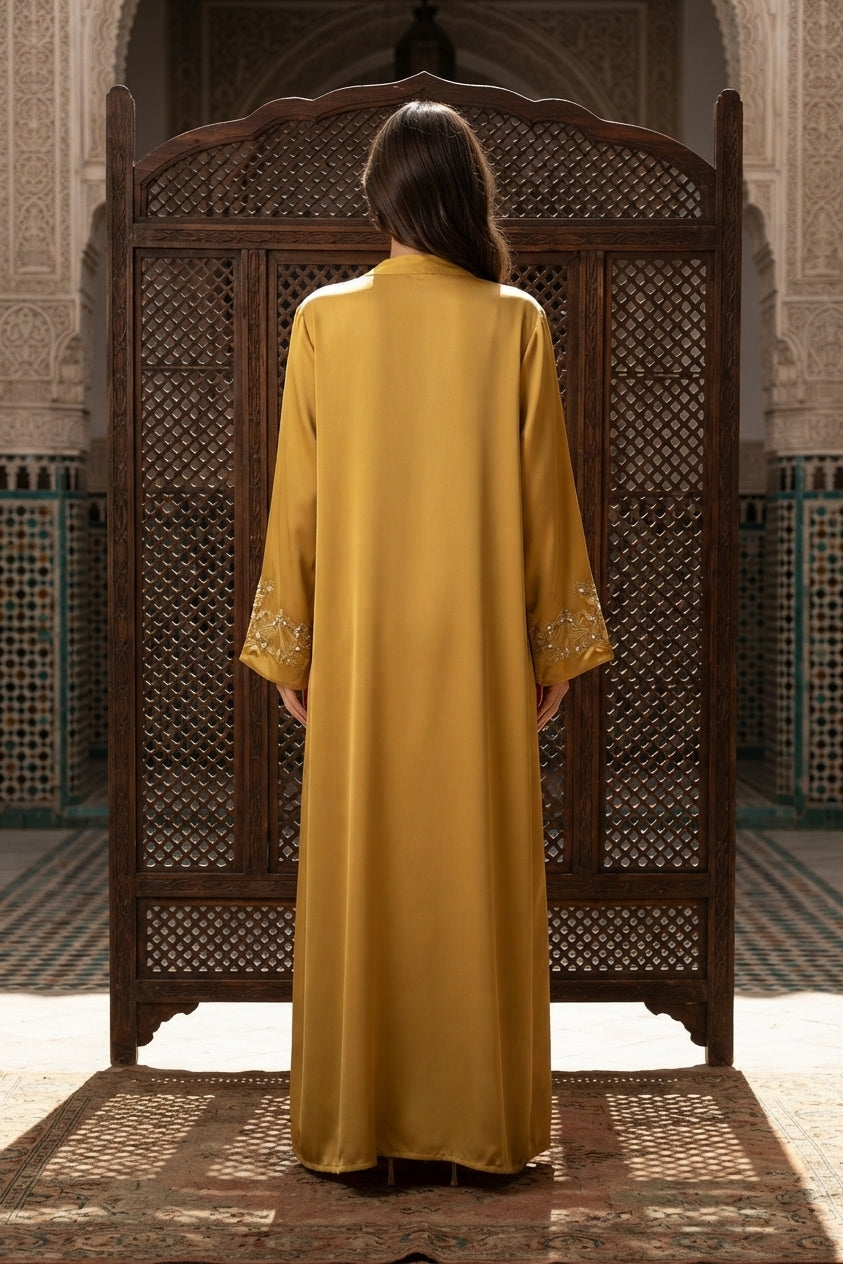 Abaya longue unie avec broderie fleurie perlée