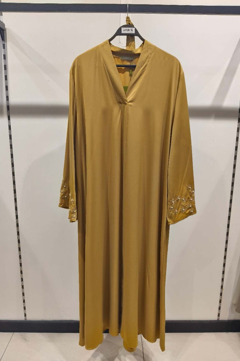 Abaya longue unie avec broderie fleurie perlée