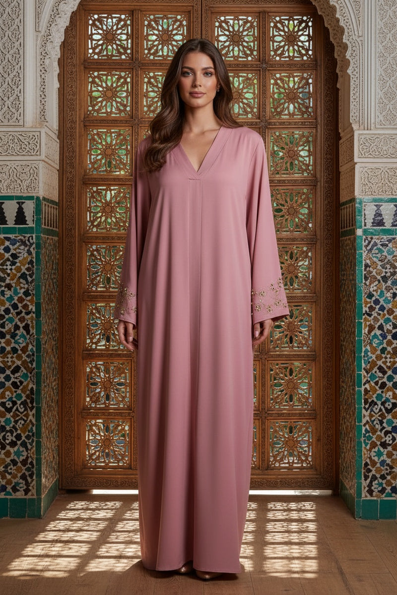 Abaya longue unie avec broderie fleurie perlée