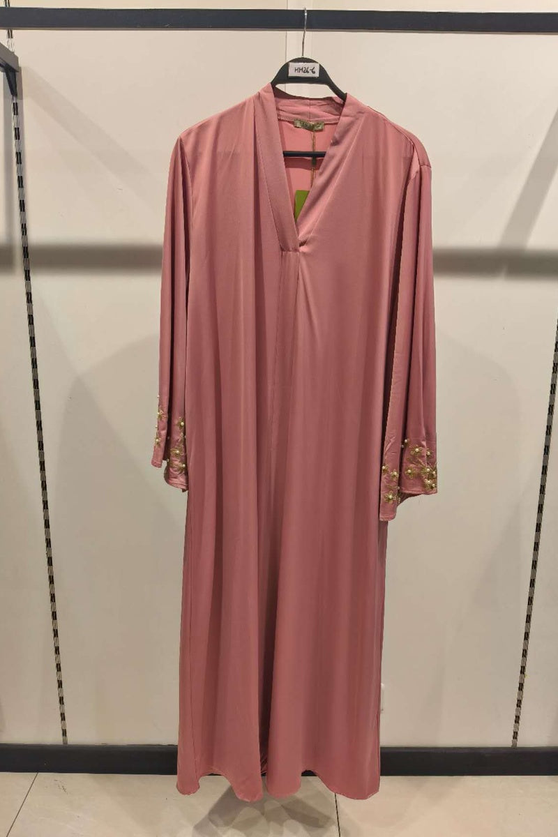 Abaya longue unie avec broderie fleurie perlée