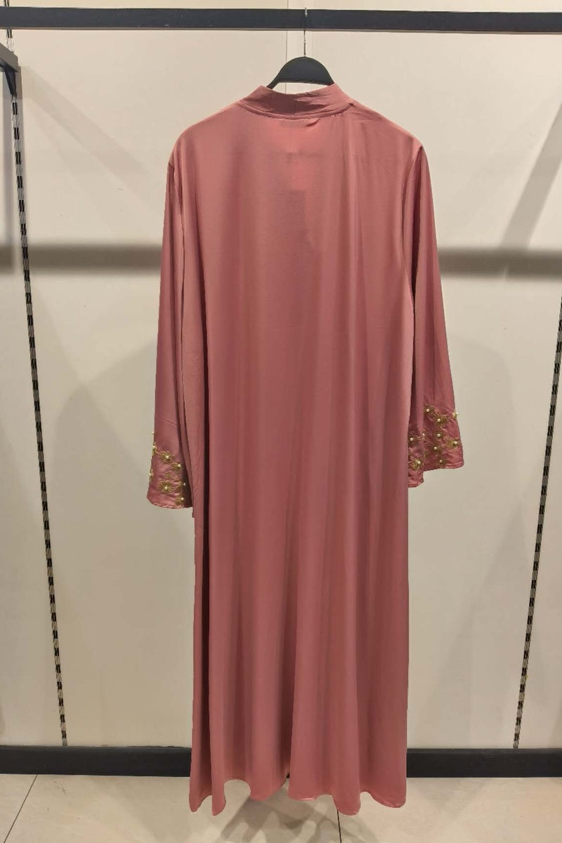 Abaya longue unie avec broderie fleurie perlée