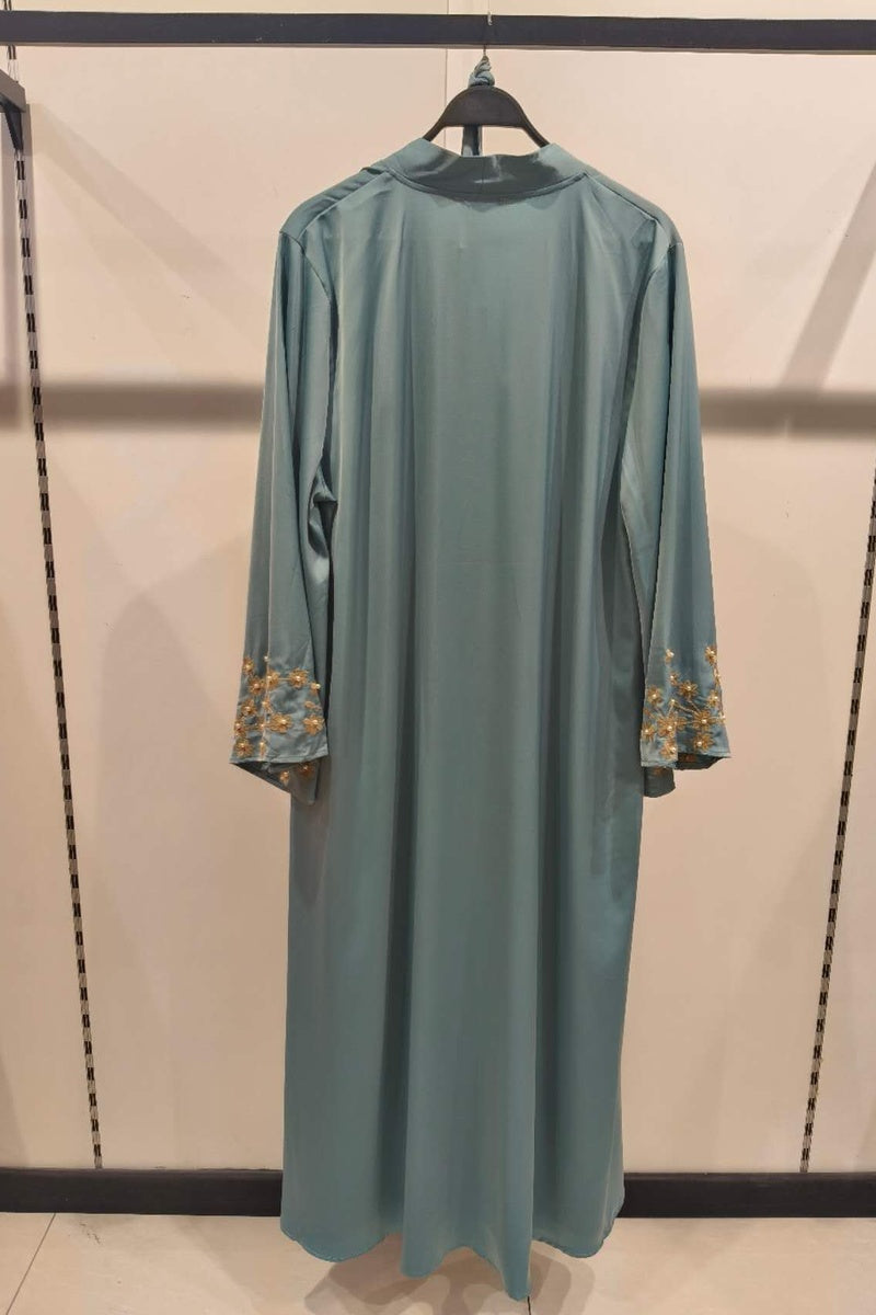 Abaya longue unie avec broderie fleurie perlée