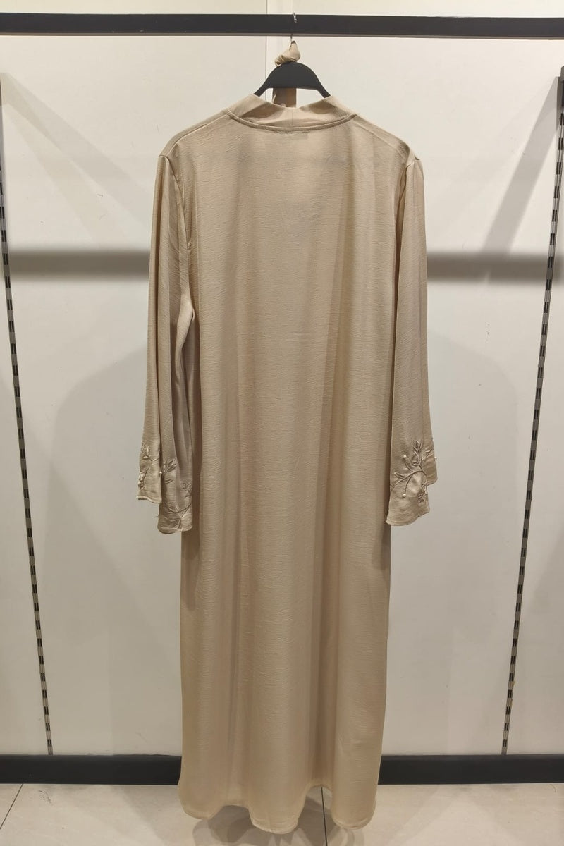 Abaya longue unie avec broderie fleurie perlée