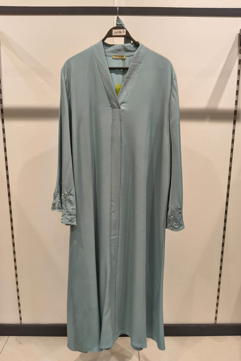 Abaya longue unie avec broderie fleurie perlée