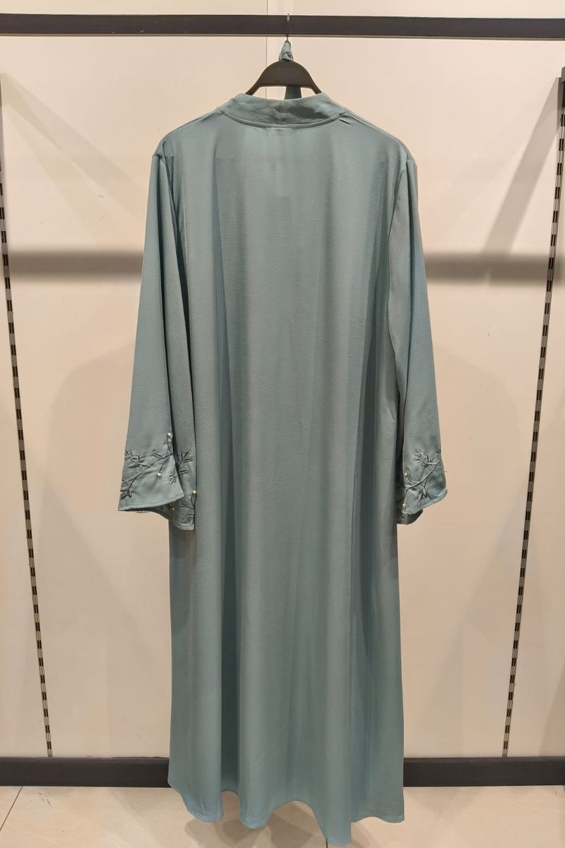 Abaya longue unie avec broderie fleurie perlée