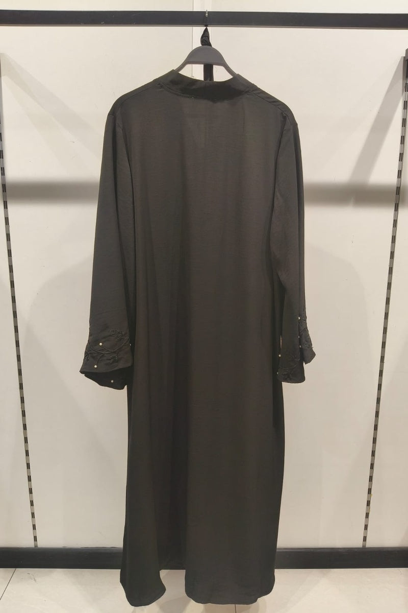 Abaya longue unie avec broderie fleurie perlée