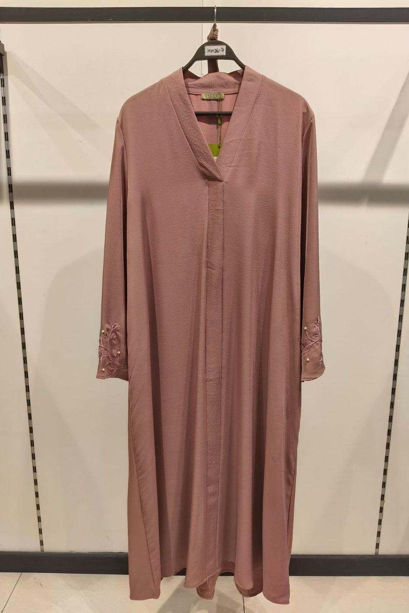 Abaya longue unie avec broderie fleurie perlée