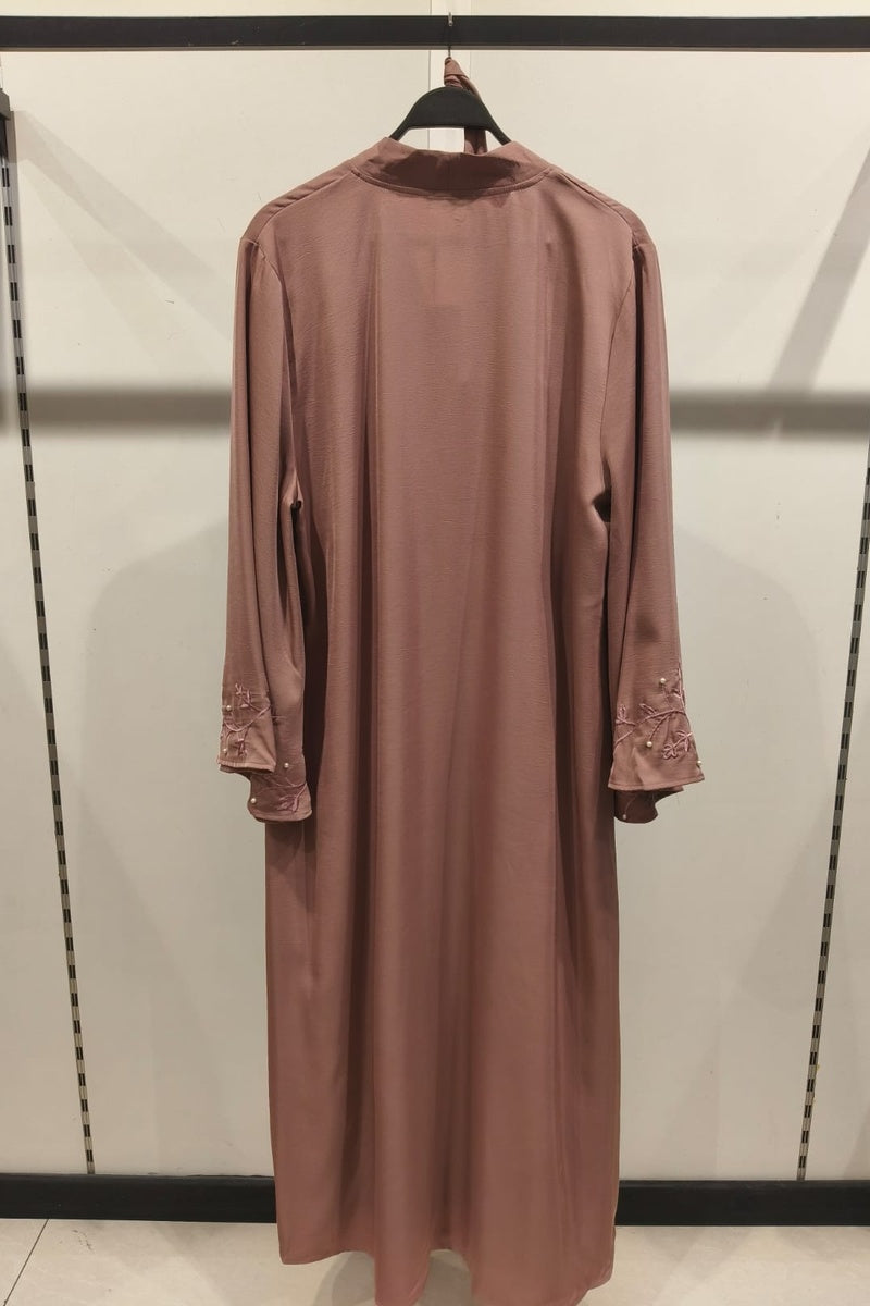 Abaya longue unie avec broderie fleurie perlée