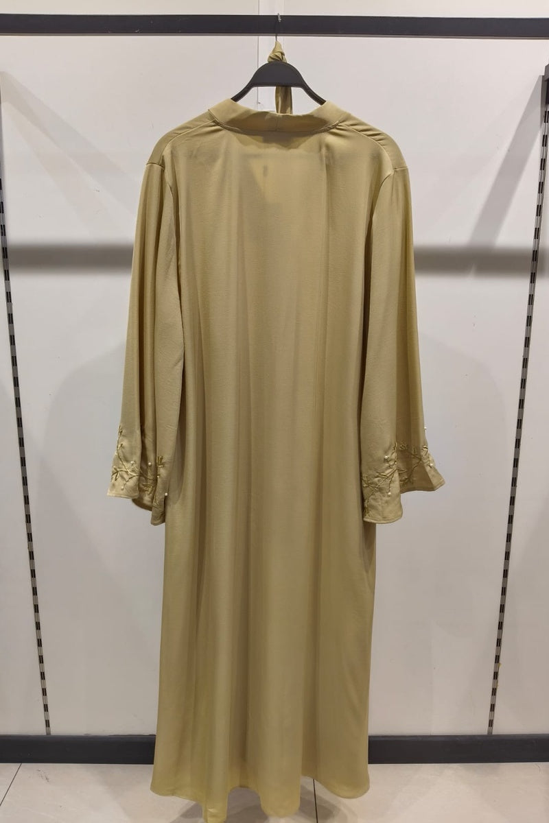 Abaya longue unie avec broderie fleurie perlée
