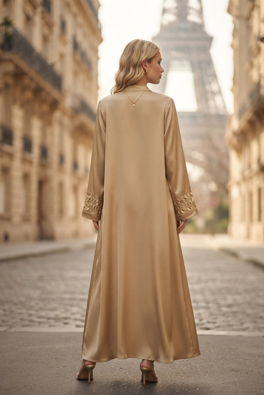 Robe longue abaya unie tissu comme soie brodée avec ceinture